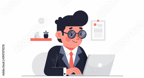 Cartoon man in suit and glasses works on laptop at desk