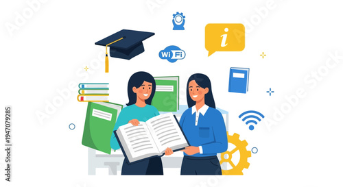 Digital Learning and Study Partnership: Female Students Reading Books with Wi-Fi, Graduation Cap, and Information Icons.