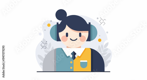 Cheerful character wearing headphones and a collared shirt, with abstract shapes