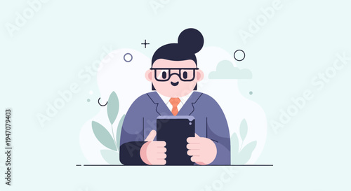 Cheerful person in a suit with glasses holds a tablet device