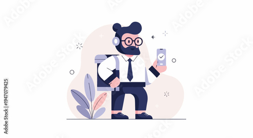 Cartoon man with glasses and beard, carrying a backpack, holding a smartphone