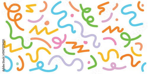 Colorful Hand Drawn Squiggles and Zig Zag Doodles. Abstract Memphis Style Wavy Line Elements for Social Media Stickers and Digital Planners.
