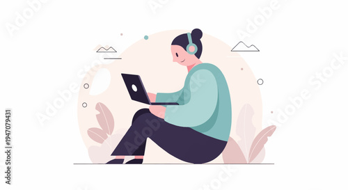 Person wearing headphones using laptop surrounded by abstract shapes and plants