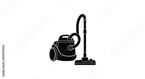 Simple black silhouette of a classic upright vacuum cleaner on a white background