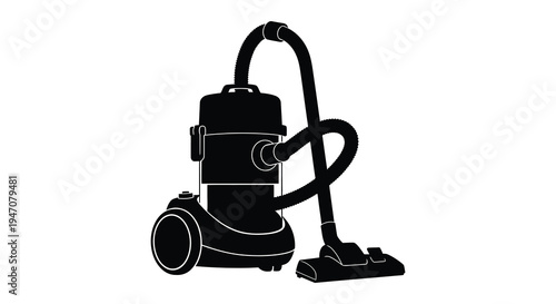 A black silhouette of a classic upright vacuum cleaner on a white background
