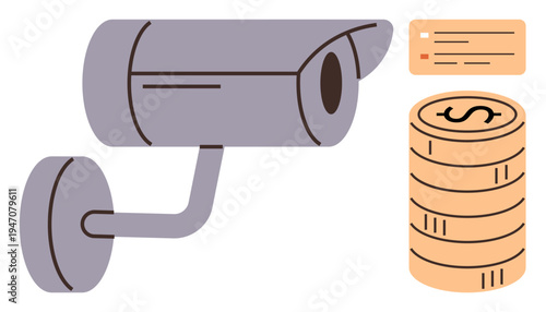 Security systems, financial management, surveillance technology, privacy protection, corporate monitoring, crime prevention. A camera and a stack of coins. Security systems and financial management
