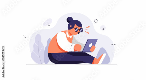 Person sitting on floor working on laptop, looking stressed