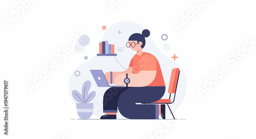 Person with glasses working on laptop, books, plant, chair