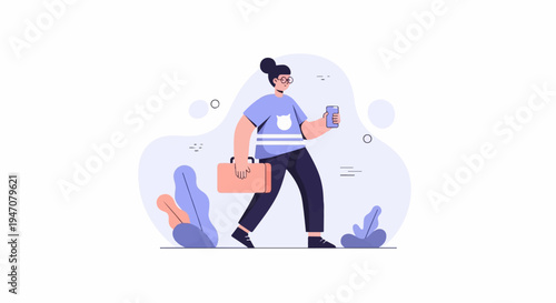 Cartoon person walking with phone and briefcase, surrounded by abstract shapes and plants