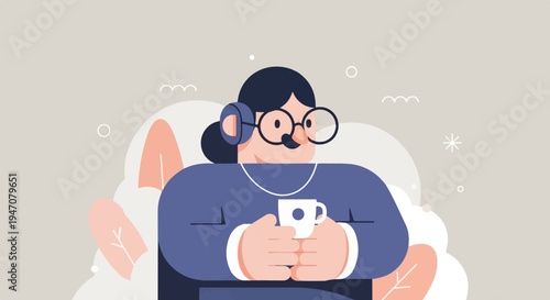 Cartoon person with headphones and glasses holds a cup of coffee