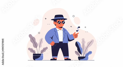 A cool character in a hat and sunglasses, with plants and abstract shapes
