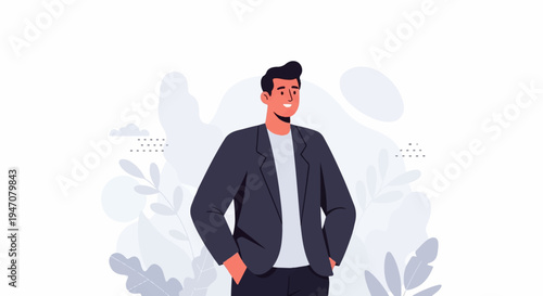 A confident man in a suit stands with hands in pockets, against a backdrop of abstract foliage and dotted patterns