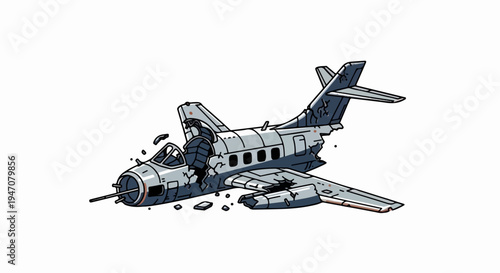 A crashed, damaged, and broken airplane with debris scattered around