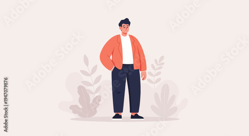 A confident man in an orange jacket and navy pants stands against a soft, pastel background with abstract foliage