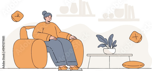 A cozy illustration of a person relaxing in an armchair with a plant and decorative items