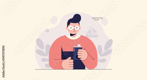 Cheerful character with glasses holding a drink and looking forward