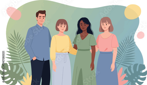 A diverse group of people stand together surrounded by tropical foliage