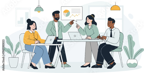 A diverse group of professionals collaborate around a table with laptops and charts