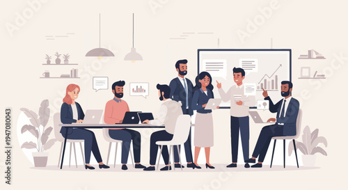 A diverse group of professionals collaborate in a modern office setting, with charts and plants