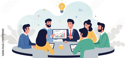 A diverse team collaborates around a table, presenting data and sharing ideas