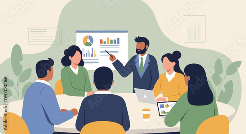 A diverse team collaborates around a table, with a presenter pointing at a screen displaying charts