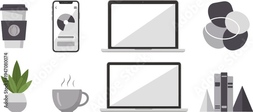 A collection of modern work and study tools, including electronics and beverages