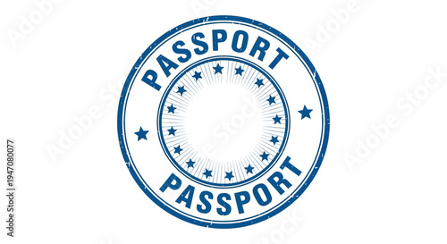 Blue stamp illustration displaying the word passport with surrounding stars