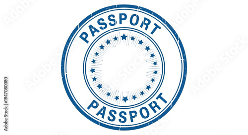 A blue circular stamp displaying the word passport with surrounding stars