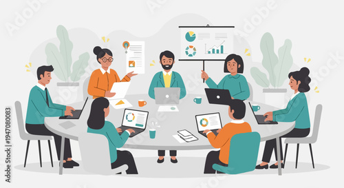 A diverse team collaborates around a table with laptops and presentations, discussing plans