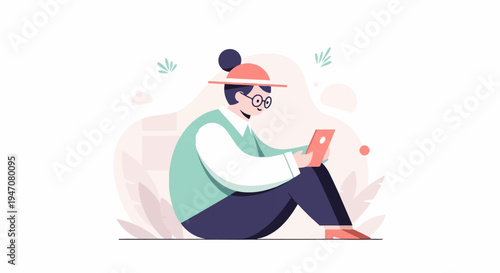 Person in hat and glasses sits outdoors with a tablet device