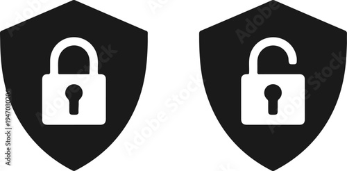 Set of Black Shield Icons with Locked and Unlocked Padlocks for Security Status Indicators