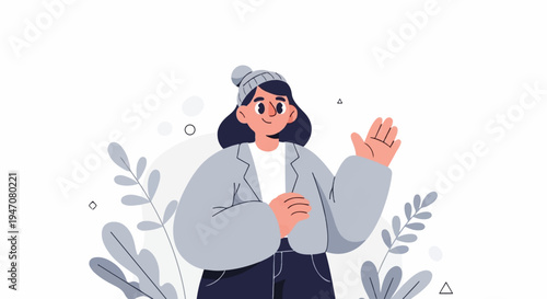 A friendly cartoon character in a beanie and jacket waves hello amidst abstract shapes and leaves