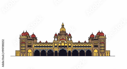 A grand, ornate palace with multiple domes and arched walkways, rendered in a stylized, colorful illustration