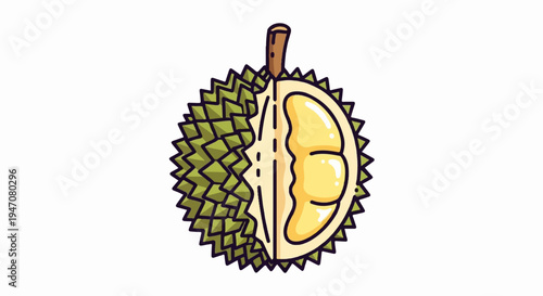 A half-cut durian fruit with spiky green rind and creamy yellow flesh