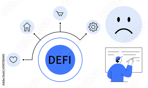 Decentralized finance. DEFI network housing, shopping, and process icons. Decentralized finance innovation connects technologies for modern finance. Ideal for fintech, blockchain, finance, digital