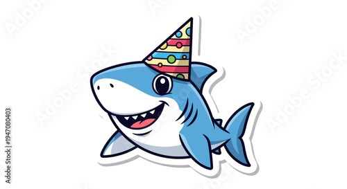 Cute cartoon shark wearing a party hat, happy birthday illustration, sticker design