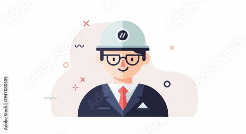 Flat cartoon portrait of a smiling engineer in a hard hat and suit
