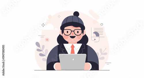 Cheerful individual in business attire with a hat, using a laptop