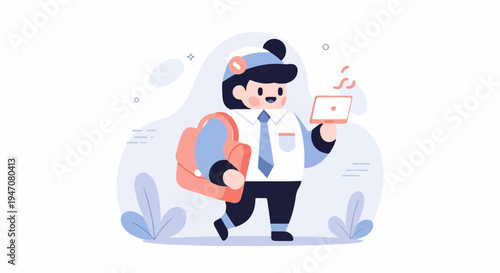Cheerful person in uniform with satchel and tablet, animated style