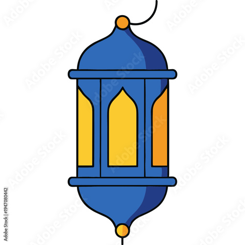 A colorful blue and yellow lantern hangs from a string outdoors