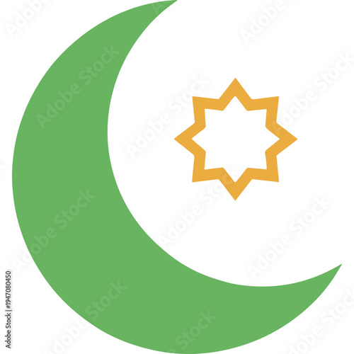 The crescent moon shines brightly with a star symbol