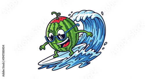 Funny Watermelon Surfing on Wave, Summer Cartoon Character, Beach Fun