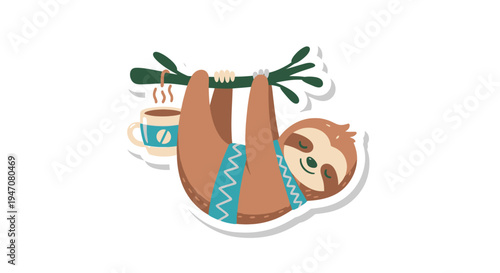 Cute Sloth Hanging on Tree Branch with Coffee Cup, Relaxing Morning