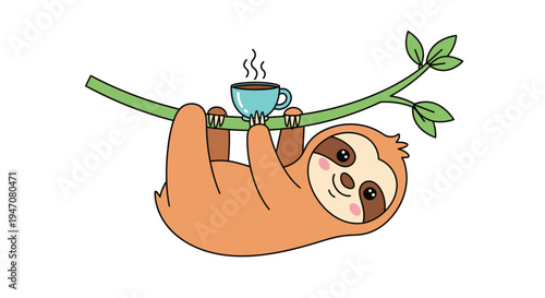 Cute Sloth Hanging on Branch with Coffee Cup