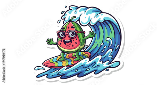 Happy Watermelon Surfing on Ocean Wave, Summer Fun, Cartoon Style
