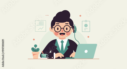 Cheerful person wearing glasses and headset working at a desk