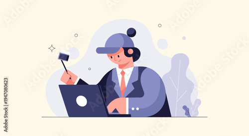 Person in cap and tie working on laptop with small camera on stick