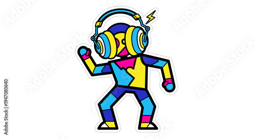 Colorful Abstract Character Dancing with Headphones and Music Notes