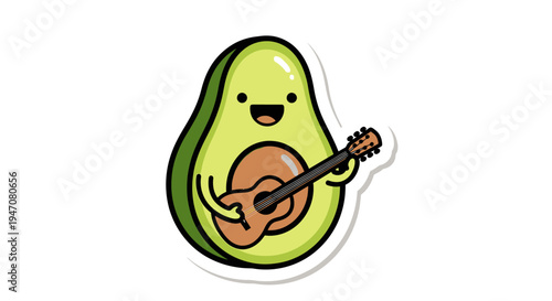 Happy Avocado Character Playing Guitar, Cute Kawaii Cartoon Style