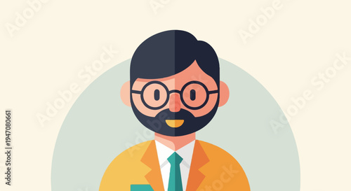 Flat illustration of a man with dark hair, beard, glasses, and a suit